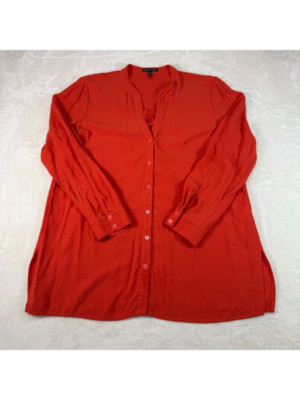 Eileen Fisher Hot Red Orange Silk Button Up Top Blouse Womens S V Neck